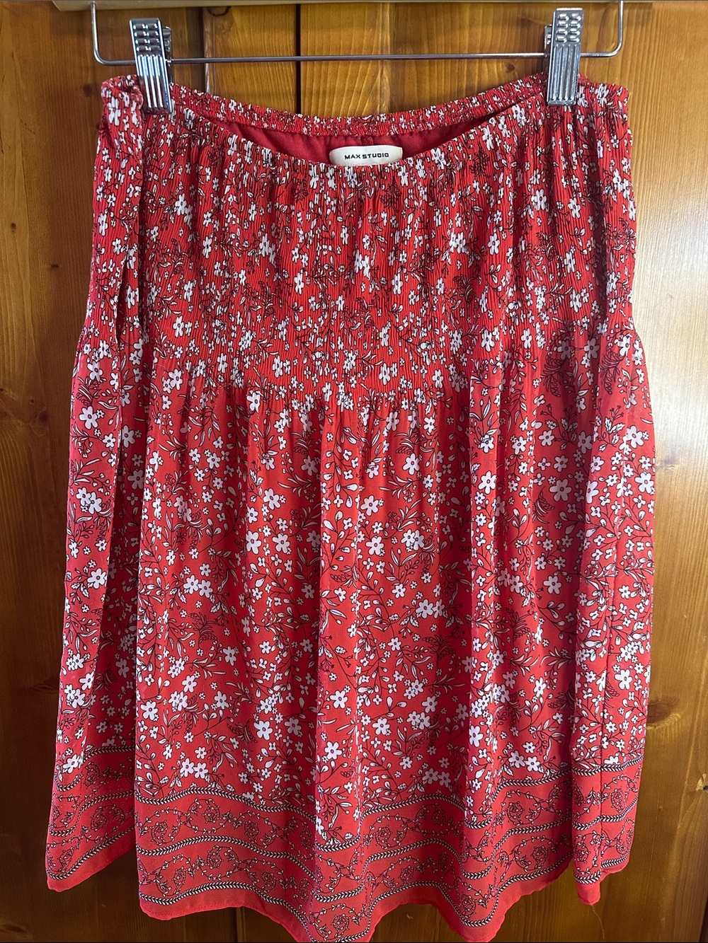Max Studio Red Floral Smocked A-Line Skirt